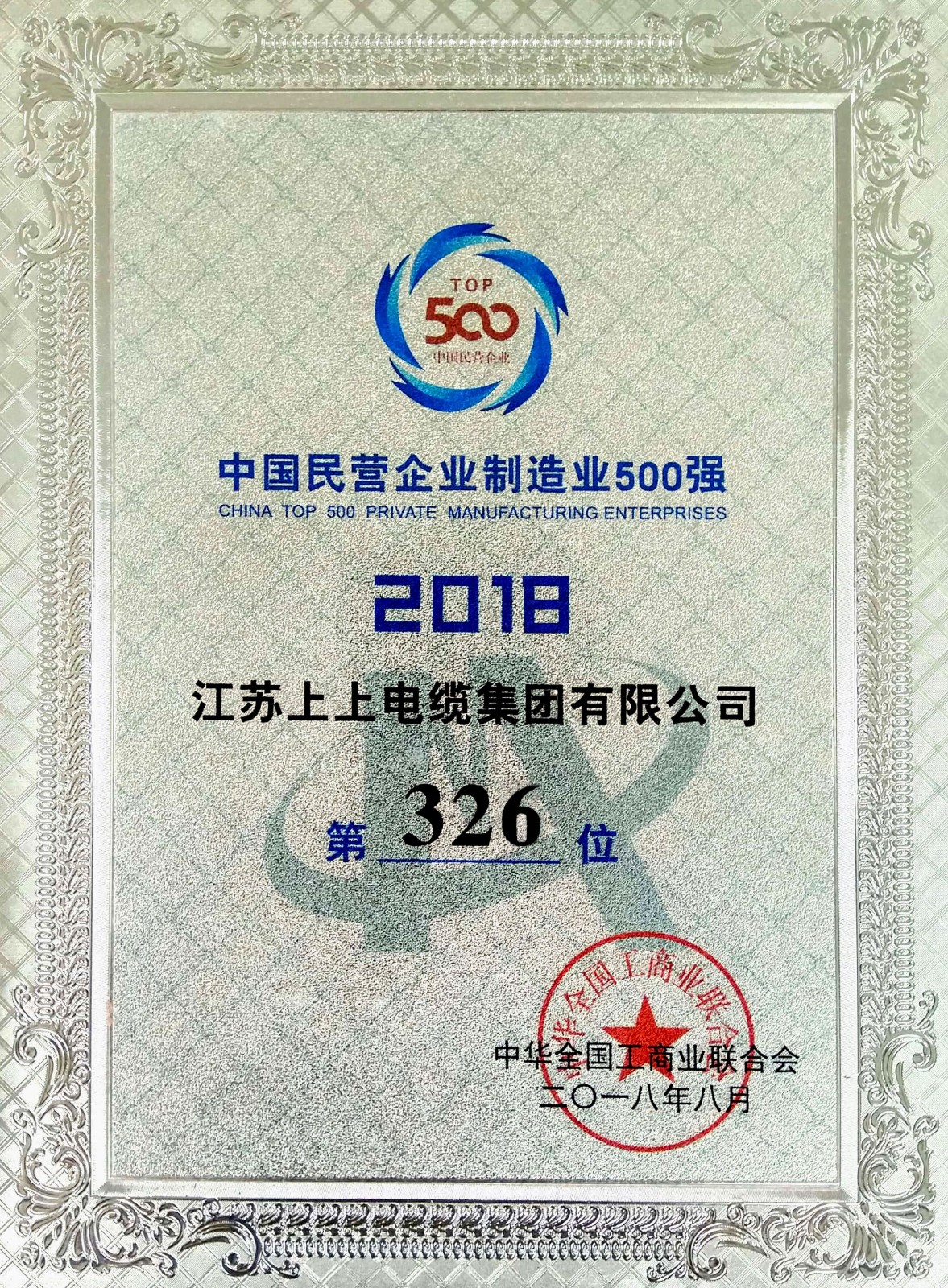 ag真人国际电缆一连八年入围中国民营企业制造业500强